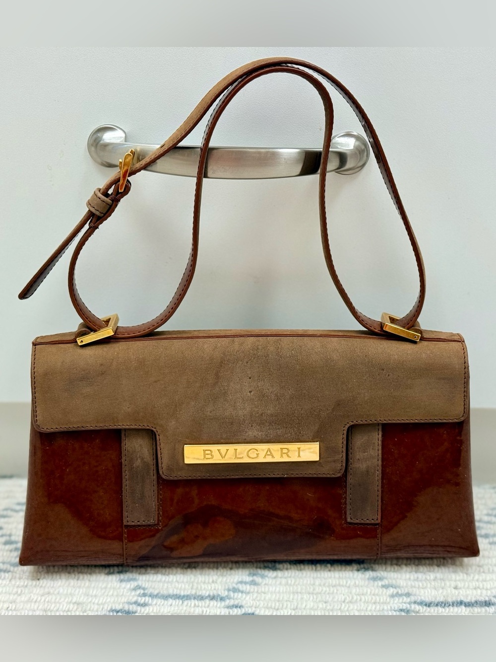 BVLGARI Vintage Y2K Brown Patent Leather & Suede Flap Shoulder Bag/Baguette